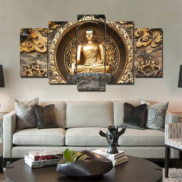 Tableau Bouddha Doré – Édition Premium en 5 Pièces