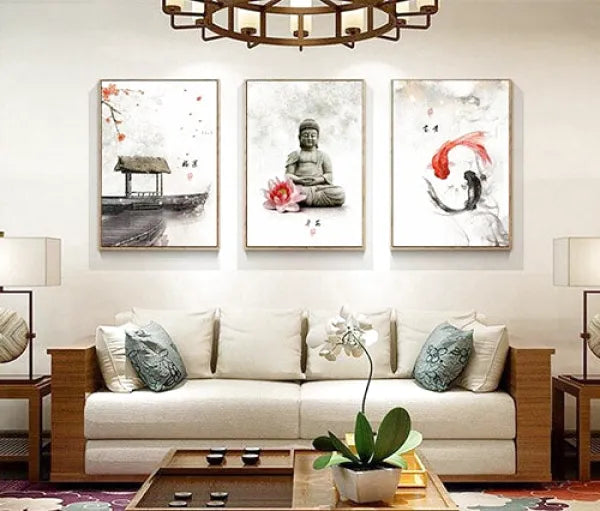 Tableau Bouddha et le Trio Zen - Signature