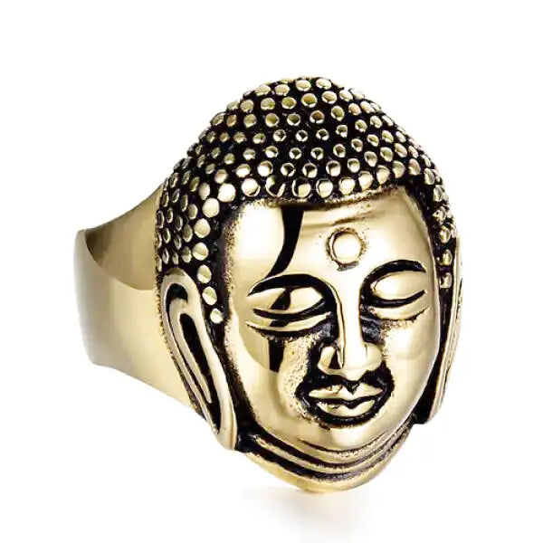 Bague Bouddha – Visage d'Or en Acier